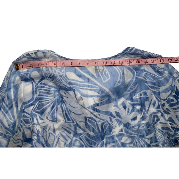 Grand & Greene Blue White Tropical Sheer Tunic Blouse L Roll Tab Sleeve Top - Picture 12 of 15